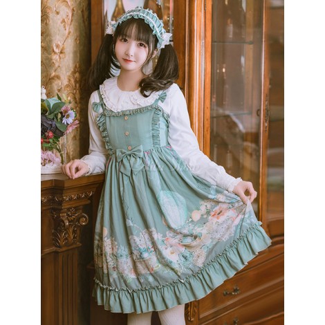 古典的なロリータJSKドレスウサギのバスケットフリル弓ボタンの装飾ミントブルーロリータジャンパースカート