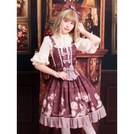 古典的なロリータJSKクラウンベアレースフリル弓ダークレッドロリータジャンパースカート