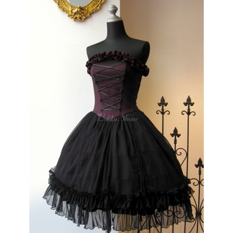 ゴシックロリータJSKドレスブラックレッドノースリーブレースアップフリルロリータジャンパースカート