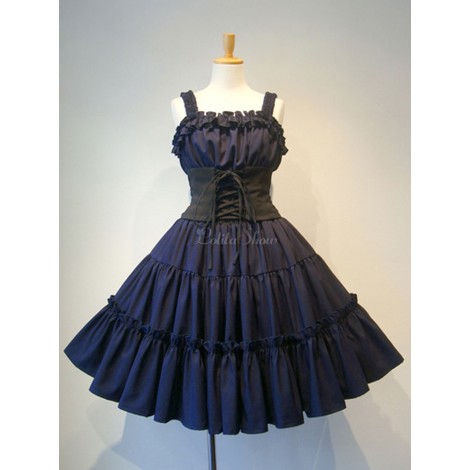 ゴシックロリータJSKドレスブラックノースリーブフリルロリータジャンパースカート