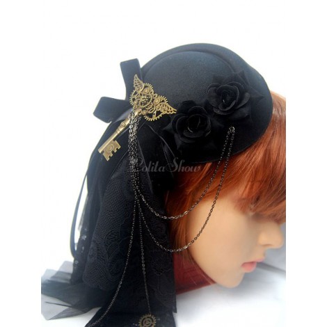 Steampunkロリータヘッドドレスメタリックチェーンボウフラワーブラックロリータヘアアクセサリー