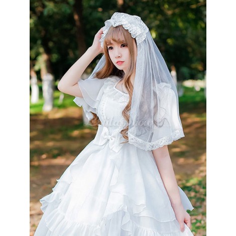 ロリィタ髪飾り　ホワイト　ベール　無地　花嫁　チュール　レース　プリーツ　お茶会