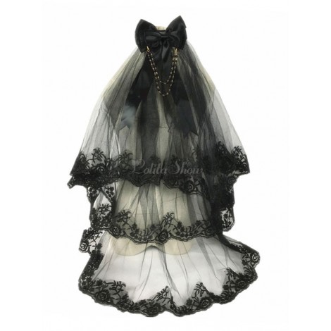 ロリィタ髪飾り　ブラック　ベール　無地　ゴシック　チュール　レース　リボン　お茶会