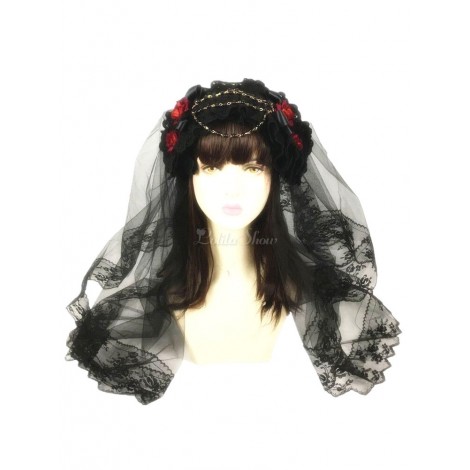 ロリィタ髪飾り　ゴシック　お茶会　ブラック　2カラーブロック　チュール　ベール