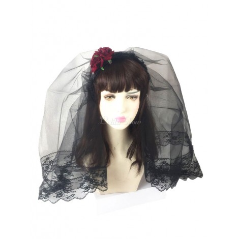 ロリィタ髪飾り　ブラック　レース　お茶会　チュール　ベール　2カラーブロック　ゴシック