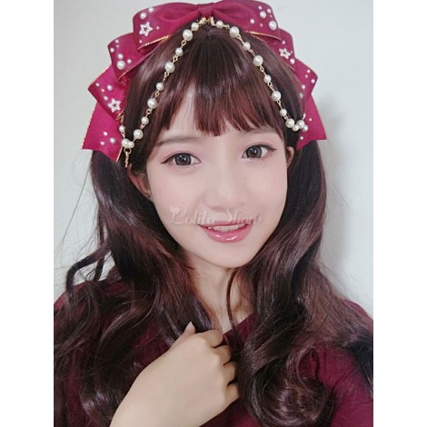 ロリィタヘッドドレス　ダークレッド　パール　お茶会　サテンファブリック　髪飾り　リボン柄　スウィート