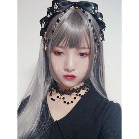 ロリィタヘッドドレス　髪飾り　リボン柄　スウィート　サテンファブリック　パール　お茶会