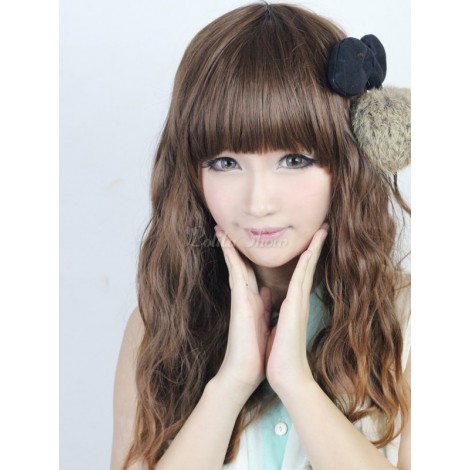 ロリータウィッグ，オリーブカラー　レーヨン　直毛の前髪　長い巻き毛