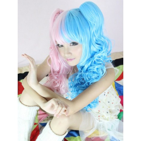 青ピンク分割色レーヨン長い巻き毛ロリータかつら