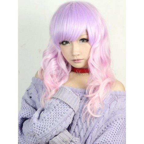 ロリィタウィッグ，ピンク＆ラベンダー色　レーヨン　斜め前髪