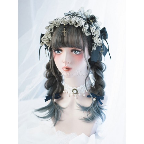 原宿ロリータウィッグクリンプカールハイライトブラントフリンジトリュードイリュージョンブルーロリータウィッグ