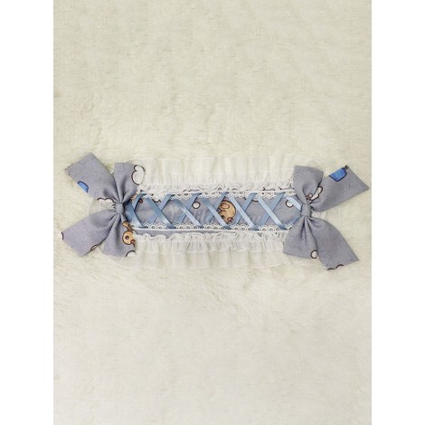 甘いロリータヘッドバンドベビーブルーの弓プリントリボンロリータヘッドドレス