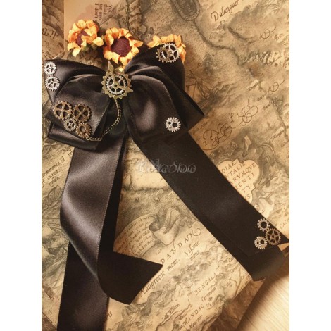 ロリィタヘアアクセサリー　ブラック　スチームパンク　サテンファブリック　ポリエステル　金属飾り　リボン