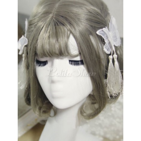 ロリィタヘッドドレス　ホワイト　蝶々柄　スウィート　オーガンザ　ポリエステル　フリンジ　チョウチョウ