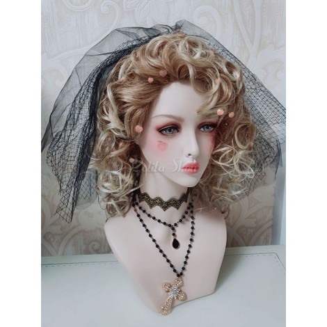 ロリータウェディングドレスロリータヘッドドレスブラックポリコットンブレンドベールロリータヘッドバンド