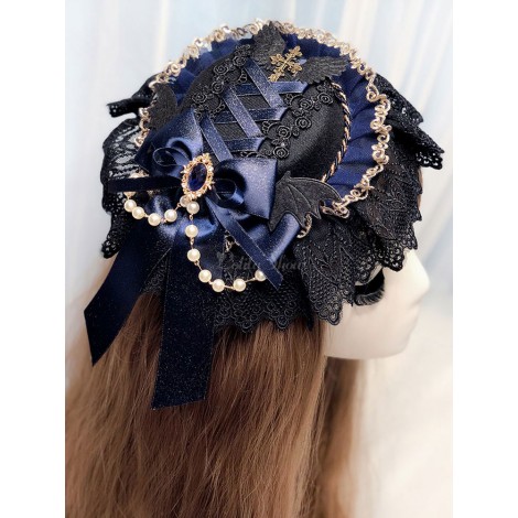 ゴシックロリータヘッドドレスブラックレースチェーンリボン帽子ロリータヘアアクセサリー