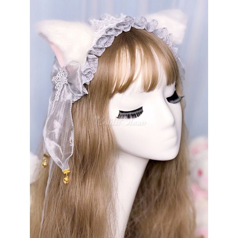 スウィートロリータヘアアクセサリーぶち猫の弓フリルフェイクファーグレーロリータヘアバンド