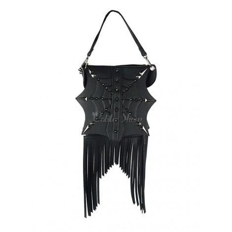 ゴシックロリータバッグブラックリベットフリンジウエストパックPUレザーロリータアクセサリー