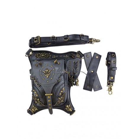 ゴシックロリータバッグブラックPUレザーリベットメタルの詳細幾何学的PUレザーウエストパックロリータアクセサリー