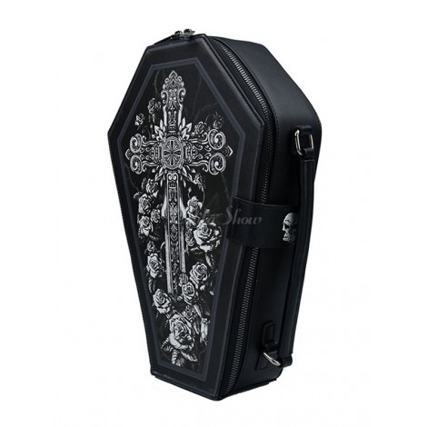 ゴシックロリータバッグブラックPUレザーフラワージッパープリントPUレザーハンドバッグロリータアクセサリー