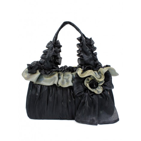 クラシックロリータハンドバッグツートンボウフリルフラワーブラックロリータトルテバッグ