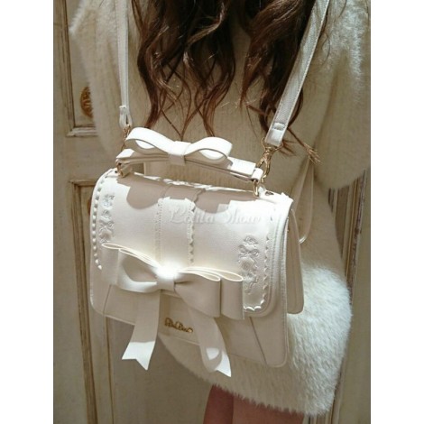 古典的なロリータバッグ弓エンボスPUホワイトロリータハンドバッグ