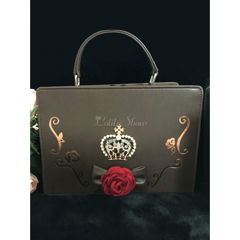 クラシックロリータハンドバッグラインストーンフラワーPUブラックロリータバッグ