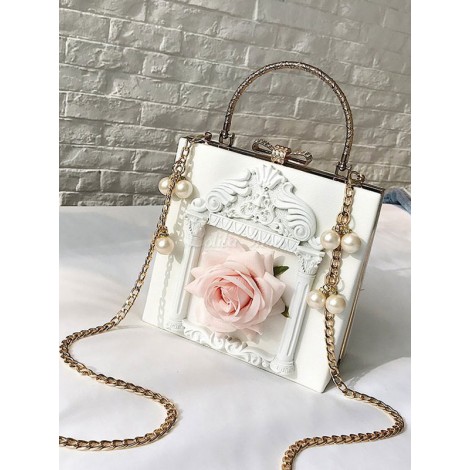 ホワイトロリータハンドバッグフラワーパールPUロリータチェーンバッグ