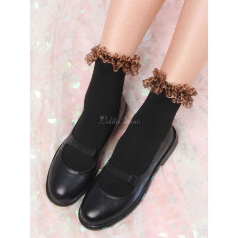 ブラックロリータストッキングフリルソックスコットンヒョウ柄ロリータアクセサリー