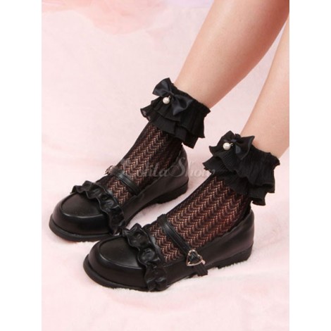 ブラックロリータタイツボウフリルパールソックスコットンロリータアクセサリー