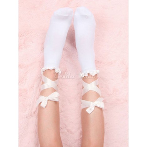 ホワイトロリータソックスフリル弓ストラップネクタイコットンロリータタイツ