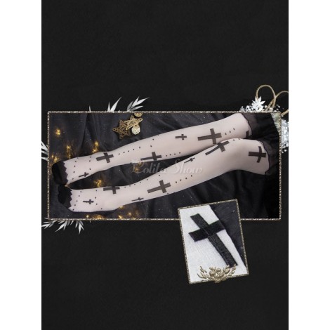 ゴシックロリータストッキングマリアプリントレーヨンホワイトロリータニーハイソックス