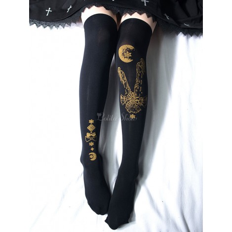 クラシックロリータストッキングスターとムーンギルデベルベットブラックニーハイソックス