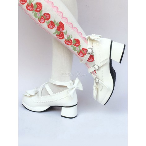 ロリィタフットウェア　ホワイト　リボン柄　PU　丸いつま先　チャンキーヒール　ストリートウェア