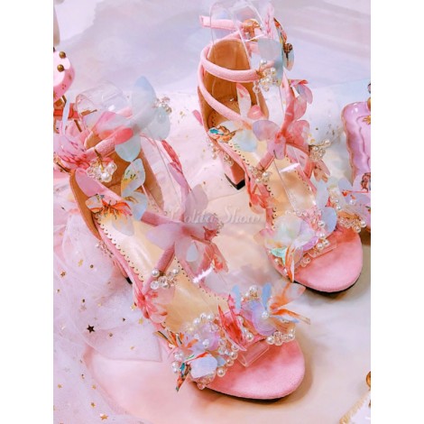 スウィートロリータサンダルバタフライピンクチャンキーヒールロリータサマーシューズ