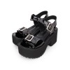 ゴシックロリータサンダルグロメットメタリックバックルPUブラックロリータシューズ