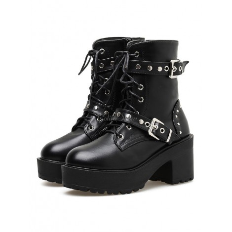 スチームパンクロリータブーツブラックラウンドトゥPUレザーロリータ靴