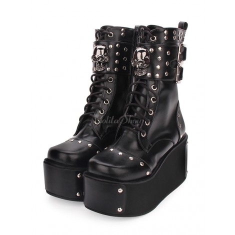 スチームパンクロリータブーツPUレザーラウンドトゥブラックロリータシューズ