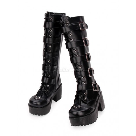 スチームパンクロリータブーツPUレザーラウンドトゥブラックロリータシューズ