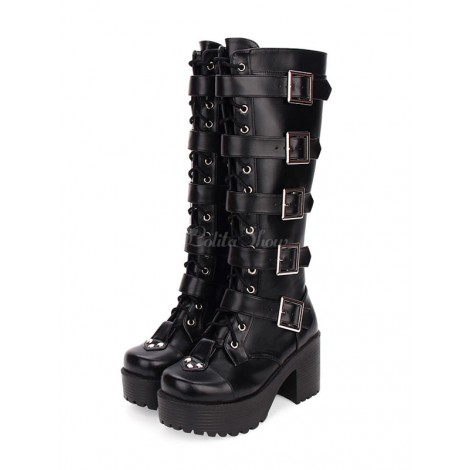 スチームパンクロリータブーツPUレザーラウンドトゥブラックロリータシューズ