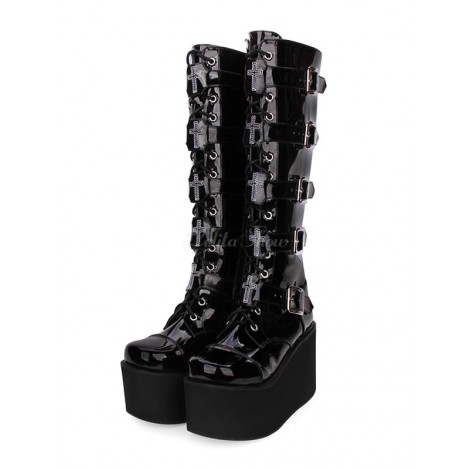 スチームパンクロリータブーツPUレザーパテントラウンドトゥブラックロリータシューズ