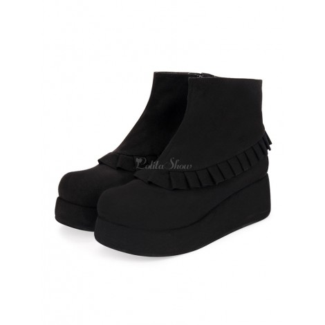 アカデミックスタイルロリータシューズコーデュロイブラックフリルウェッジヒールロリータブーティー