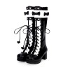 クラシックロリータブーツレースアップボウ2トーンチャンキーヒールブラックロリータニーハイブーツ