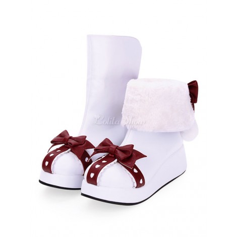 スウィートロリータスノーブーツボウポンポンツートンホワイトロリータシューズ