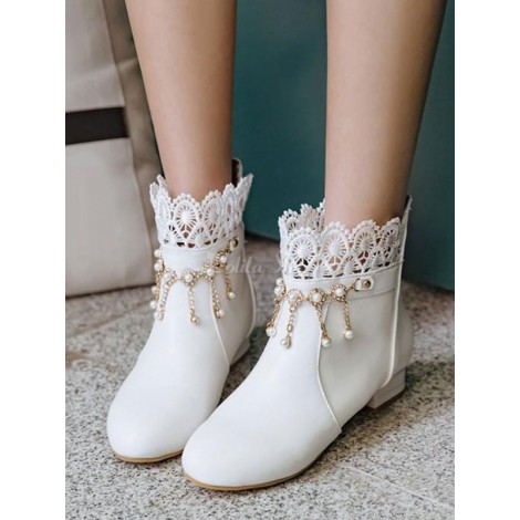古典的なロリータアンクルブーツパールレースホワイトパピーヒールロリータブーティー