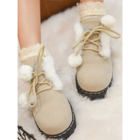 スウィートロリータブーティーポンポンレースアップアプリコットスエードロリータウィンターブーツ