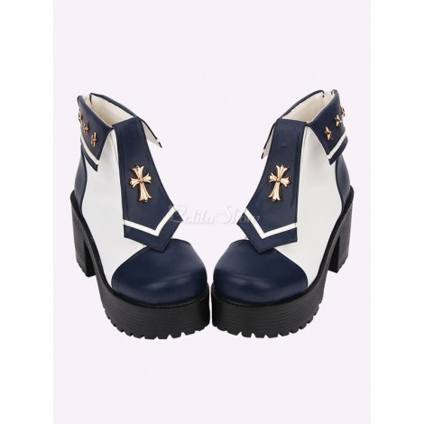 ロリータブーツ　プラットフォーム　ディープブルー　8cm　丸いつま先　PU