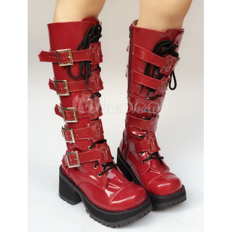 ロリータブーツ　プラットフォーム　レッド　8cm　丸いつま先　PU