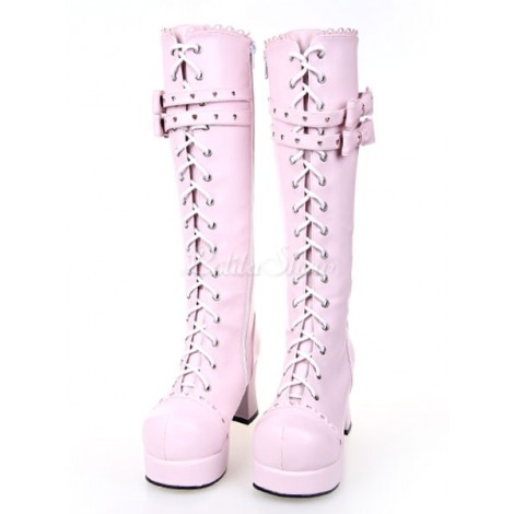 ピンク　ロリィタブーツ　チャンキーヒール　レースアップ　リボン　ロリィタ靴　スウィート