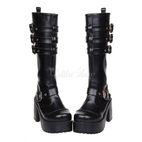 ロリータブーツ　プラットフォーム　ブラック　ハイヒール　丸いつま先　PU
